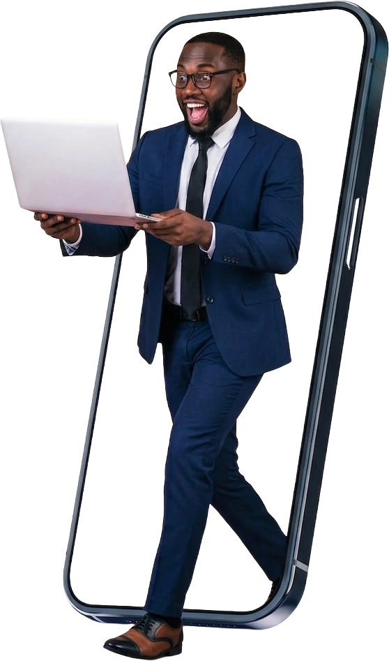 A man in a navy suit stepping out of a phone, holding a laptop