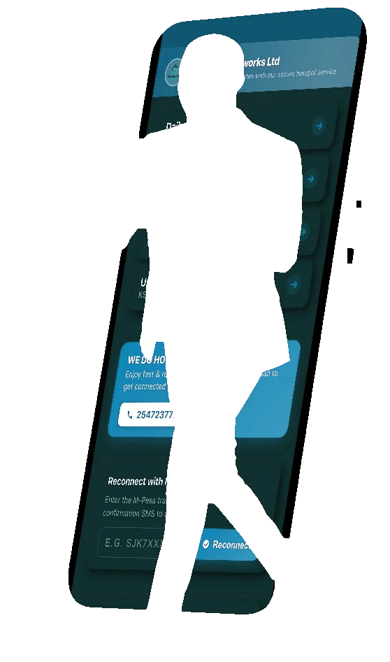 The hotspot sign-in portal inside the phone: packages with prices, an ad banner and M-PESA reconnect