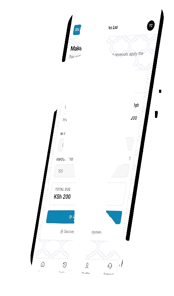 The Make payment screen inside the phone: selected plan, M-PESA number and total due