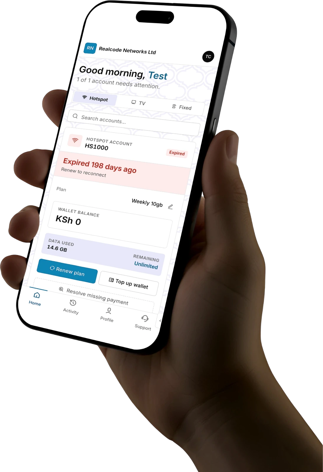 A hand holding a phone with the customer portal