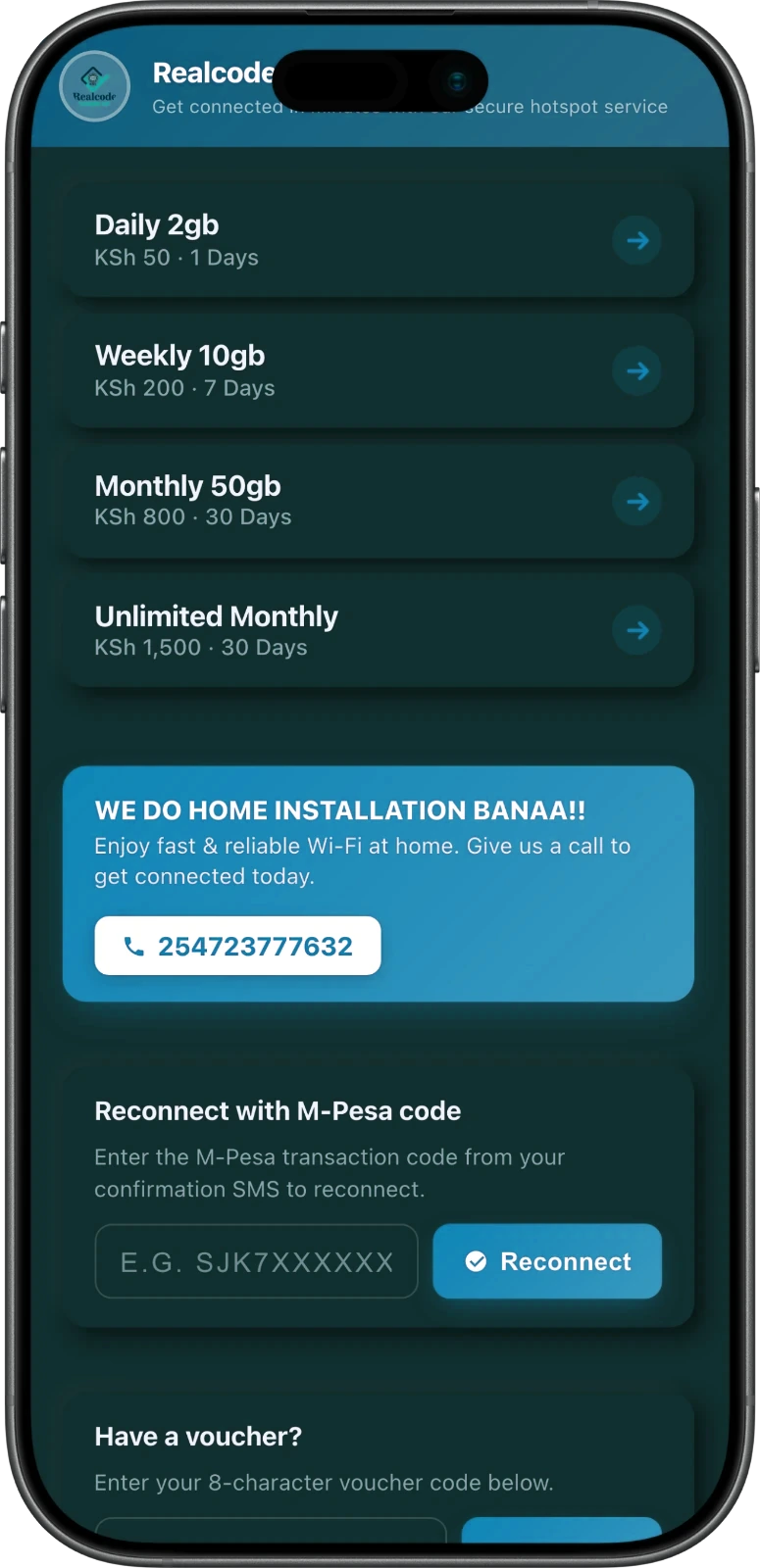 The hotspot sign-in portal on a phone