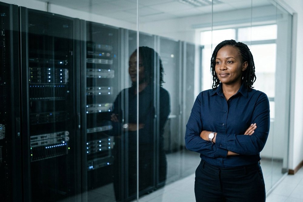 A network engineer standing beside equipment cabinets behind a glass wall