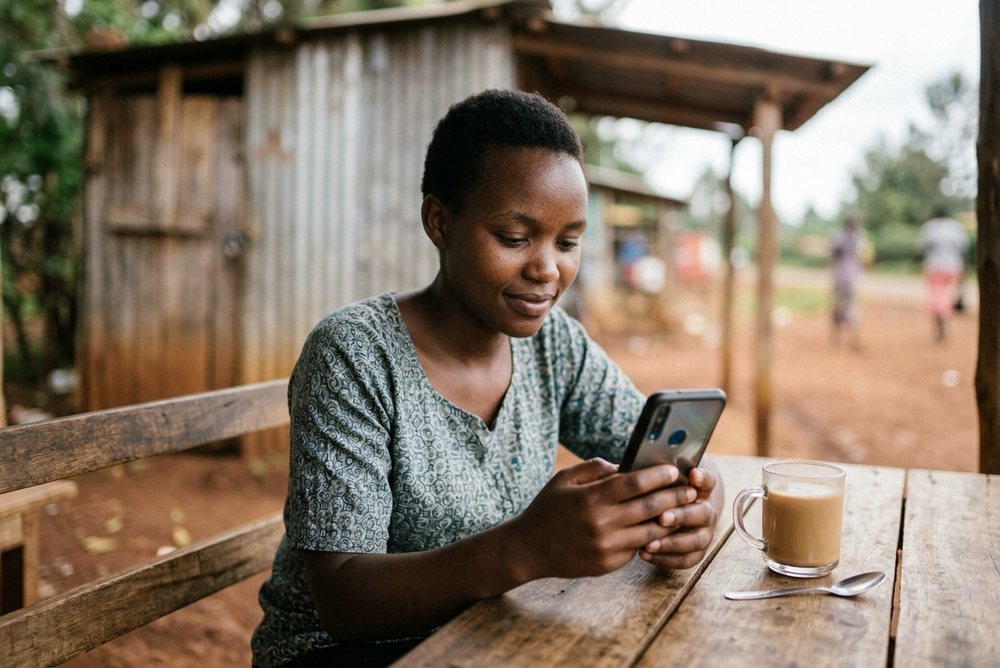 A woman using her phone at a roadside kiosk cafe, connected to a hotspot