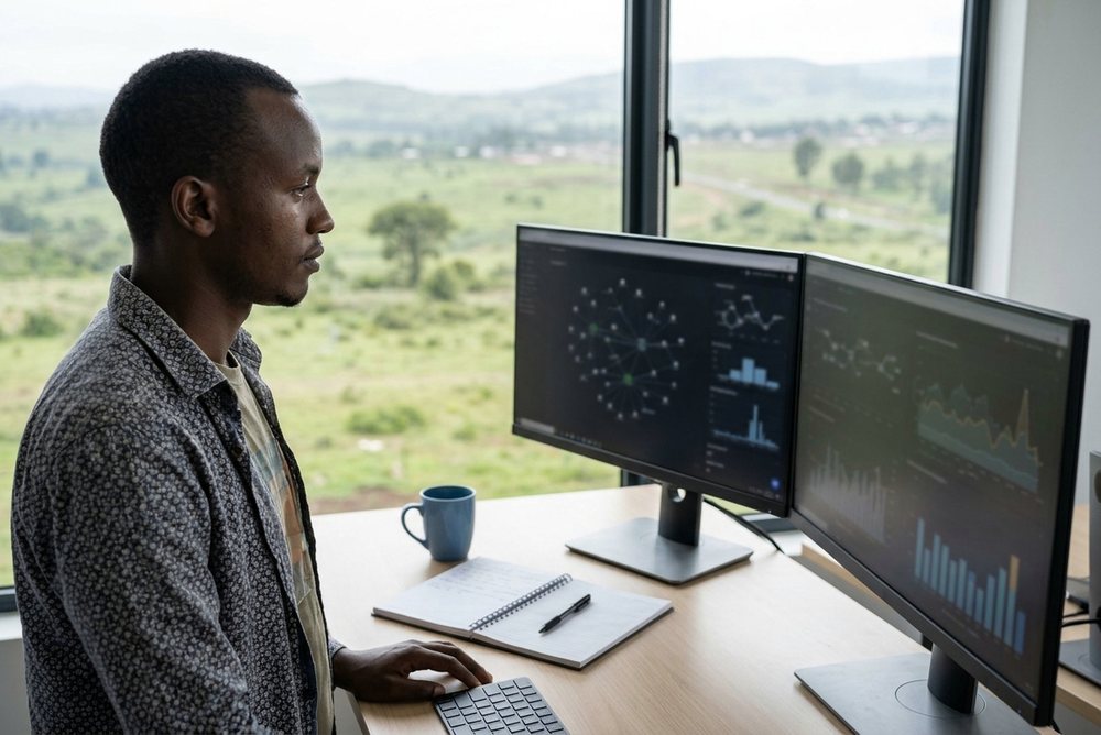 A network operations operator at a standing desk with two monitors, with highland hills outside the window