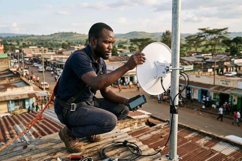 A technician aligning an outdoor wireless dish on a corrugated iron rooftop in a Kenyan market town