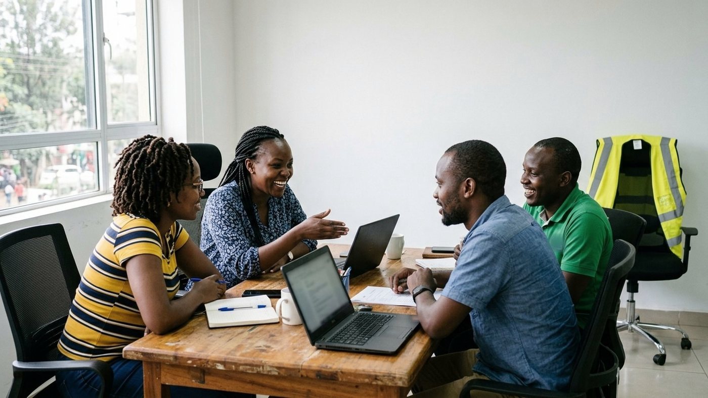 Four colleagues in a small Kenyan ISP office reviewing work around a laptop