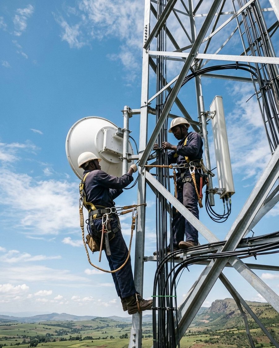 Two technicians on a radio mast fitting a point-to-point dish antenna