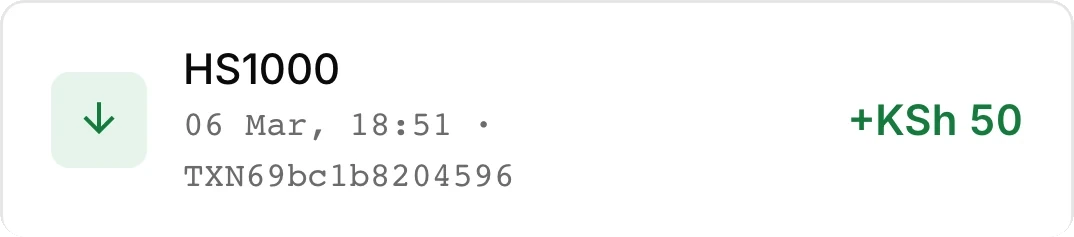 A payment entry from the customer portal: HS1000, plus KSh 50