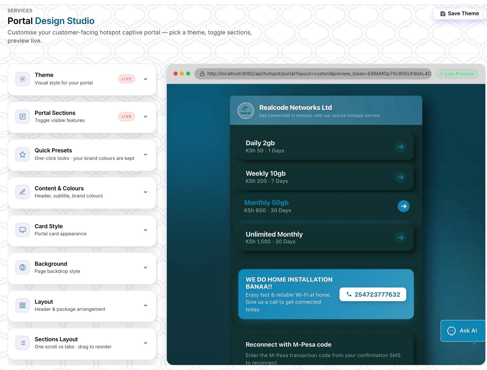 The Portal Design Studio: theme, sections, presets, colours, card style, background and layout controls beside a live phone preview
