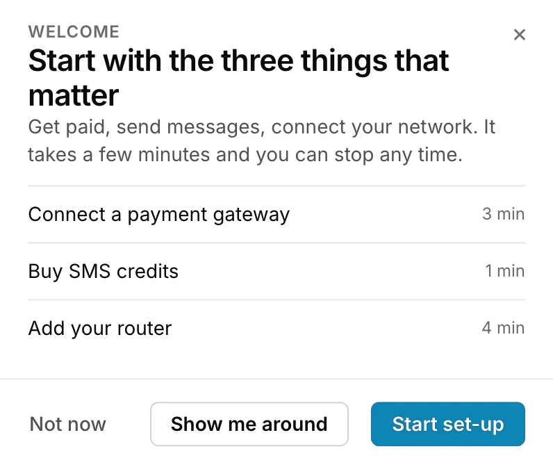 The welcome tour card: connect a payment gateway, buy SMS credits, add your router